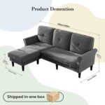 Sofas for Living Room, 83" Velvet Sectional Couch with Moveable Ottoman, Midcentury Modern Small Sectional Couch, L Shape Sofa & 3 Seater, Couches for Living Room, Apartment, Bedroom, Grey - Image 3