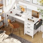Casaottima 40" Small Computer Home Office Desk for Bedroom with Fabric Drawers & File Cabinet, Cloth Storage Bag and Hook, Writing Study Work Table for Small Space, White - Image 9