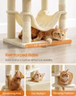 Feandrea Cat Tree, 59.5-Inch Tall Cat Tower, Plush Multi-Level Condo with 5 Scratching Posts, 2 Perches, 2 Caves, Hammock, 2 Pompoms, Beige UPCT192M01 - Image 8