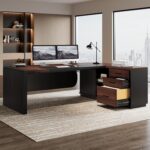 Tribesigns 80'' L-Shaped Desk, Large Executive Office Desk with 55'' Drawers Cabinet, Modern Computer Table with Storage Shelves, Business Furniture for Home Office, Walnut & Black - Image 4
