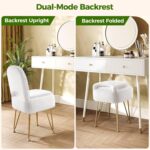 GREENSTELL Small Vanity Stool Chair with Storage and Folding Back, 13.4" x 15" x 30" Square Faux Fur Soft Ottoman, 4 Metal Legs with Anti-Slip Feet, Furry Padded Seat for Makeup, Bedroom, White - Image 6