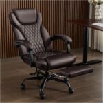 Office Chair, Big and Tall Office Chair with Foot Rest Ergonomic Desk Chairs Reclining High Back Leather Chairs with Lumbar Support(Brown) - Image 2