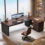 Tribesigns 80'' L-Shaped Desk, Large Executive Office Desk with 55'' Drawers Cabinet, Modern Computer Table with Storage Shelves, Business Furniture for Home Office, Walnut & Black - Image 9