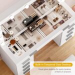 DWVO 46'' Glass Top Makeup Vanity with 10 Drawers, Vanity Desk Set with Large LED Mirror, Built-in Charging Station & Cushioned Storage Chair, Dressing Table with 3-Color Light Modes, Cream White - Image 4