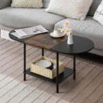 Coffee Tables for Living Room,2-Tier Small Oval Center Table Industrial Modern Style Coffee Tables with Storage Shelf and Wood Tabletop for Small Space,Home Office,Brown & Black - Image 2
