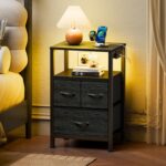 Furnulem Black Nightstand with Wood Shelf, Bed Side Table with Led Light and Charging Station, 25.8 Inch End Table with 3 Fabric Storage Drawers, Small Night Stand for Bedroom Furniture - Image 3