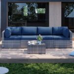 Shintenchi 5 Pieces Outdoor Patio Sectional Sofa Couch, Silver Gray PE Wicker Furniture Conversation Sets with Washable Cushions & Glass Coffee Table for Garden, Poolside, Backyard (Aegean Blue) - Image 5