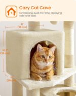 Feandrea Cat Tree, 59.5-Inch Tall Cat Tower, Plush Multi-Level Condo with 5 Scratching Posts, 2 Perches, 2 Caves, Hammock, 2 Pompoms, Beige UPCT192M01 - Image 7