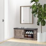 2-Tier Storage Bench, 39.4" Wide Shoe Bench with Padded Seat Cushion, Entryway Bench with 2 Barn Doors and Adjustable Shelf, Greige - Image 3