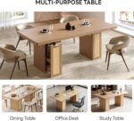 LIKIMIO 78.7" Farmhouse Dining Table for 6-8 People, Extra Thick Wood Top with 2 Hidden Adjustable Storage Drawers, Modern Woven Rattan Table for Dining Room, Kitchen, Living Room, Rustic White - Image 7