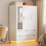 PAKASEPT Armoire Wardrobe Closet with 3 Door, Bedroom Armoires with Mirror and LED Lights, Hanging Rod, Drawers, Large Capacity Storage Wardrobe Armoire for Bedroom - Image 4