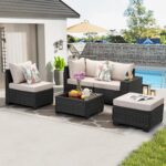 Jing's Villa 5-Piece Patio Furniture Set, All-Weather Outdoor Wicker Sectional Sofa with Cushions, Tempered Glass Table & Ottoman, Rattan Conversation Seating for Porch, Garden, Backyard,Beige - Image 9
