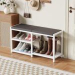 ZHOOGE Shoe Bench & Rack Storage Bench with Seat Cushion, Stable Entryway Bench Holds Up to 300 lb, (35" L x 12" W x 17" H, White) - Image 3