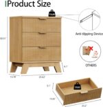 Fluted Nightstand, 24" Wide Side Table with 3 Large Storage Drawers, Mid Century Modern Wood Night Stand with Metal Handle, Wooden Bedside End Table for Bedroom, Living Room, Closet, Natural Oak - Image 3
