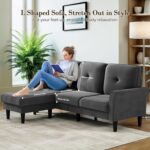 Sofas for Living Room, 83" Velvet Sectional Couch with Moveable Ottoman, Midcentury Modern Small Sectional Couch, L Shape Sofa & 3 Seater, Couches for Living Room, Apartment, Bedroom, Grey - Image 4