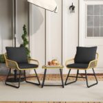 Yaheetech 3 Piece Patio Bistro Set Outdoor Wicker Bistro Furniture Sets, 2 Rattan Chairs and Glass Top Table for Patio, Balcony, Porch, Poolside, Backyard 3 PCS/Tan/Black - Image 3