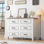 YITAHOME 6-Drawer Dresser with Built-in Power Outlet, Wood TV Stand with 6 Large Drawers & Bar Handles, Dresser Chest of Drawers for Entryway Living Room Hallway, White & Walnut - Image 3