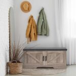 2-Tier Storage Bench, 39.4" Wide Shoe Bench with Padded Seat Cushion, Entryway Bench with 2 Barn Doors and Adjustable Shelf, Greige - Image 8