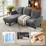 Sofas for Living Room, 83" Velvet Sectional Couch with Moveable Ottoman, Midcentury Modern Small Sectional Couch, L Shape Sofa & 3 Seater, Couches for Living Room, Apartment, Bedroom, Grey - Image 7