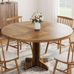IDEALHOUSE Round Dining Table for 4, 47 Inches Circle Dining Room Table with Wooden Base for Kitchen, Living Room (Table Only), Brown - Image 2