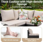 Jing's Villa 5-Piece Patio Furniture Set, All-Weather Outdoor Wicker Sectional Sofa with Cushions, Tempered Glass Table & Ottoman, Rattan Conversation Seating for Porch, Garden, Backyard,Beige - Image 5