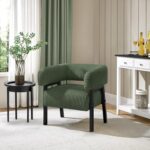 Yaheetech Corduroy Barrel Accent Chair, Modern Upholstered Armchair with Solid Wood Legs, Cozy Leisure Chair with Pocket Coiled Seat for Living Room, Bedroom, Reading Nook Dark Green - Image 2
