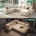 HONBAY Sectional Couch with Pull Out Bed, Sectional Sleeper Sofa with Storage, U Shape Couches for Living Room, Velvet Beige - Image 4