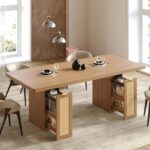 LIKIMIO 78.7" Farmhouse Dining Table for 6-8 People, Extra Thick Wood Top with 2 Hidden Adjustable Storage Drawers, Modern Woven Rattan Table for Dining Room, Kitchen, Living Room, Rustic White - Image 2