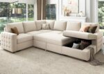 HONBAY Sectional Couch with Pull Out Bed, Sectional Sleeper Sofa with Storage, U Shape Couches for Living Room, Velvet Beige - Image 2