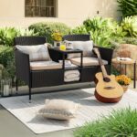 Devoko Outdoor Patio Loveseat Modern Rattan 2-Seat Patio Conversation Set with Cushions & Built-in Coffee Table Porch Furniture for Garden Lawn Backyard (Beige) - Image 7