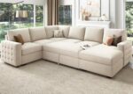 HONBAY Sectional Couch with Pull Out Bed, Sectional Sleeper Sofa with Storage, U Shape Couches for Living Room, Velvet Beige - Image 9