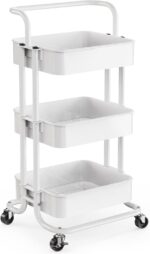 Pipishell 3 Tier Mesh Utility Cart, Rolling Metal Organization Cart with Handle and Lockable Wheels, Multifunctional Storage Shelves for Kitchen Living Room Office White - Image 2