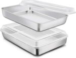 E-far Stainless Steel Baking Pan with Lid, 12⅓ x 9¾ x 2 Inch Rectangle Sheet Cake Pans with Covers Bakeware for Cakes Brownies Casseroles, Non-toxic & Healthy, Heavy Duty & Dishwasher Safe - Set of 2 - Image 2