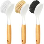 Holikme 3 Pack Dish Brush Set with Bamboo Handle, Kitchen Brushes for Cleaning Pot, Sink and Stove, Skillet Scrubber with Tough Bristles for Cast Iron Grill Pan, Yellow White Black - Image 2