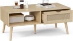 Coffee Table with Storage, Boho Dining Table with Rattan Drawer and Solid Wood Legs, Small Coffee Tables for Living Room, Oak - Image 6
