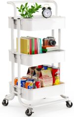 Pipishell 3 Tier Mesh Utility Cart, Rolling Metal Organization Cart with Handle and Lockable Wheels, Multifunctional Storage Shelves for Kitchen Living Room Office White - Image 9