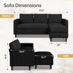 JAMFLY 3-Seat Convertible L-Shaped Sectional Sofa with Reversible Ottoman, Upholstered Fabric Couch for Small Living Rooms, Modern Modular Couch for Apartment, Studio & Loft, Black - Image 3