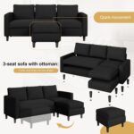 JAMFLY 3-Seat Convertible L-Shaped Sectional Sofa with Reversible Ottoman, Upholstered Fabric Couch for Small Living Rooms, Modern Modular Couch for Apartment, Studio & Loft, Black - Image 6