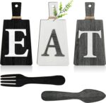 Jetec Cutting Board Eat Sign Set Hanging Art Kitchen Eat Sign Fork and Spoon Wall Decor Rustic Primitive Country Farmhouse Kitchen Decor for Home Decoration(Black, White, Gray) - Image 2