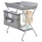 Portable Baby Changing Station with Adjustable Height - Foldable Diaper Table with Wheels,Waterproof Pad, Safety Belt & Large Storage Racks, Ideal for Newborn and Infants (Light Grey) - Image 2