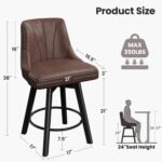 Counter Height Swivel Bar Stool, 24" Upholstered PU Leather Barstools Set of 3, Counter Stool Chair with Back & Solid Wood Legs for Kitchen Island Dining Room (Brown) - Image 3
