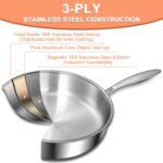 EWFEN 12 Inch Tri-Ply Stainless Steel Frying Pan, Compatible with All Cooktops Up to 600℉, Large Frying Pan with lids, Induction-Ready Skillet, Dishwasher and Oven Safe, Even Heat, 12" Saute Pan+Lid - Image 4