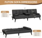 Shintenchi Futon Sofa Bed, Leather Foldable Couch, Reclining Sleeper w/Removable Armrests, Upholstered Loveseat w/Folding Cup Holders for Home, Office, Black - Image 3