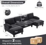 Karl home 111" Sectional Sofa U-Shaped 4-Seat Couch with Chaises Wood Grian Legs Chenille Fabric Upholstered for Living Room, Apartment, Office, Black - Image 3