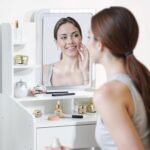 Dowinx Makeup Small Vanity Desk with Mirror and Lights, Makeup Vanity with Drawer & Storage Shelves, Makeup Desk with 3 Lighting Modes & Adjustable Brightness, Dressing Table for Women Girls Bedroom - Image 8