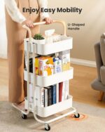 Pipishell 3 Tier Mesh Utility Cart, Rolling Metal Organization Cart with Handle and Lockable Wheels, Multifunctional Storage Shelves for Kitchen Living Room Office White - Image 4