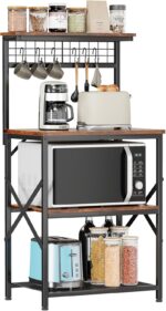 Furologee Kitchen Bakers Rack with Hutch, Coffee Bar Station 4 Tiers, Microwave Oven Stand with 6 S Hooks and Pegboard, Kitchen Microwave Rack for Spice Organizer Workstation, Rustic Brown - Image 2