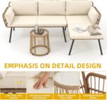 DWVO Patio Furniture Set 3 Piece Outdoor Wicker Conversation Set with Detachable Cushions and Coffee Table L-Shaped Sectional Sofa Set Outdoor Furniture Set for Backyard Porch Deck - Beige - Image 6