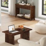 BON AUGURE Coffee Table for Living Room, Farmhouse Wood Center Table, Rectangle Mid-Century Living Room Tables, Unique Fluted Panel Coffee Tables (Rustic Oak, 43Inch) - Image 7