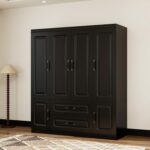 Wooden Armoire Wardrobe Closet：Modern Armoire Wardrobe Closet with 4 Doors, 2 Drawers and Hanging Rods for Tall Cabinet, Large Capacity Clothes Storage Cabinet for Bedroom Home, Black - Image 2